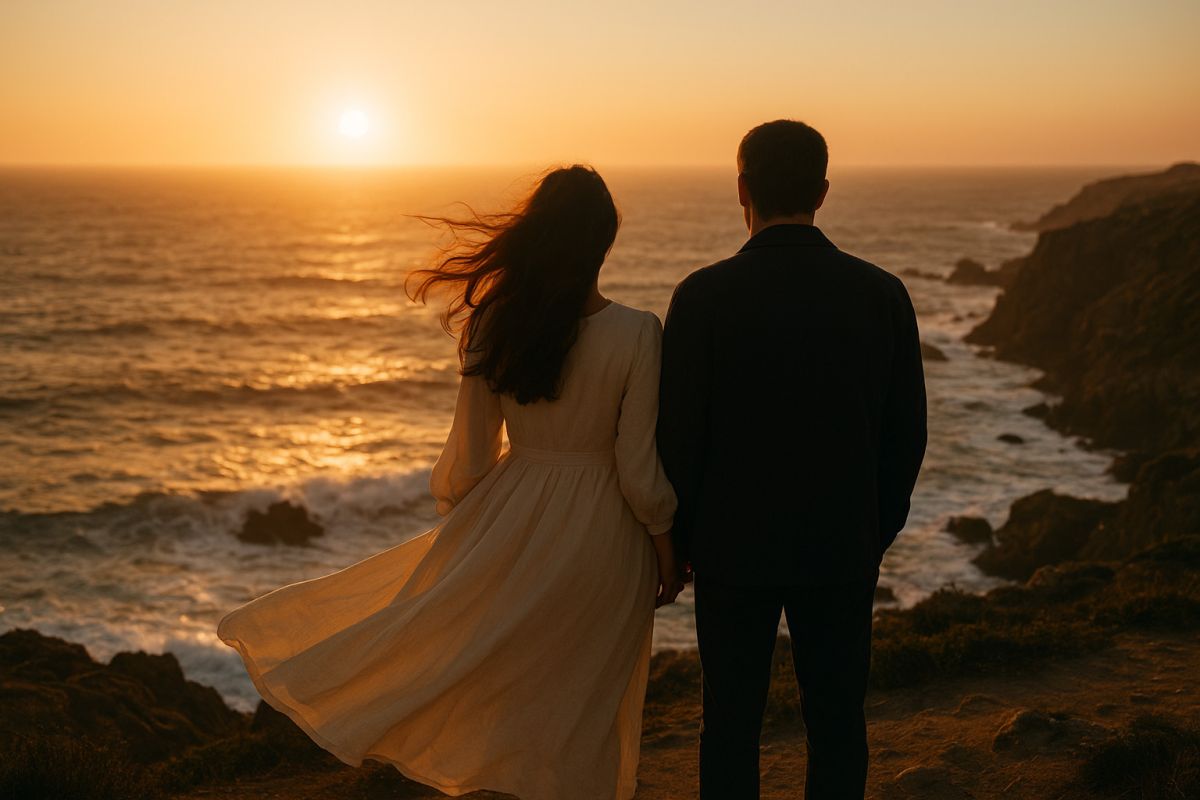A wide-angle cinematic shot of an affectionate couple standing together on a rugged clifftop at sunset, ocean waves crashing against rocks far below, the woman-s cream-colored dress blowing dramatically in the strong coastal wind, warm golden light hittin
