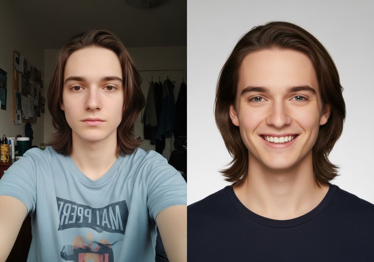 A diptych. On the left, a poorly lit, slightly blurry selfie with a distracting background. On the right, a professional headshot of the same person, well-lit, with a clean background, looking confident and approachable.
