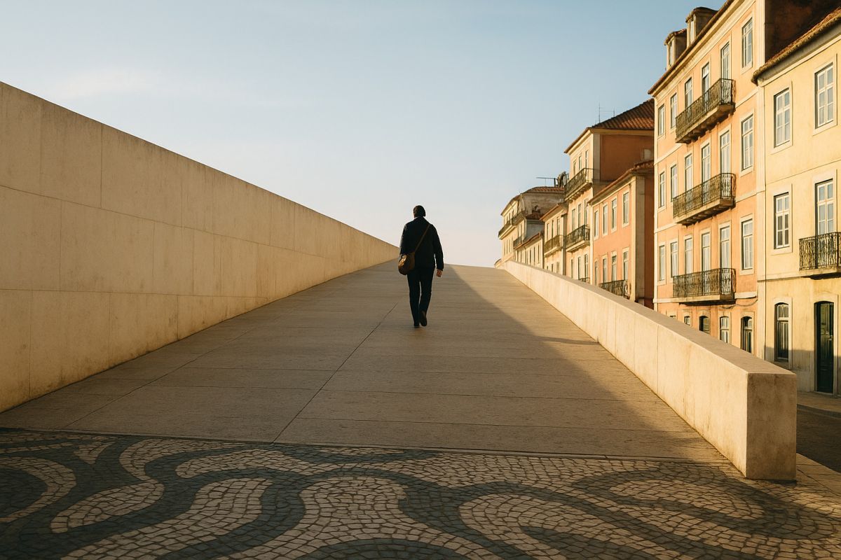 A full-body minimalist shot of a subject walking up a gently sloping modern concrete ramp during the late afternoon, with long dramatic shadows casting across the pavement and a clear open sky above