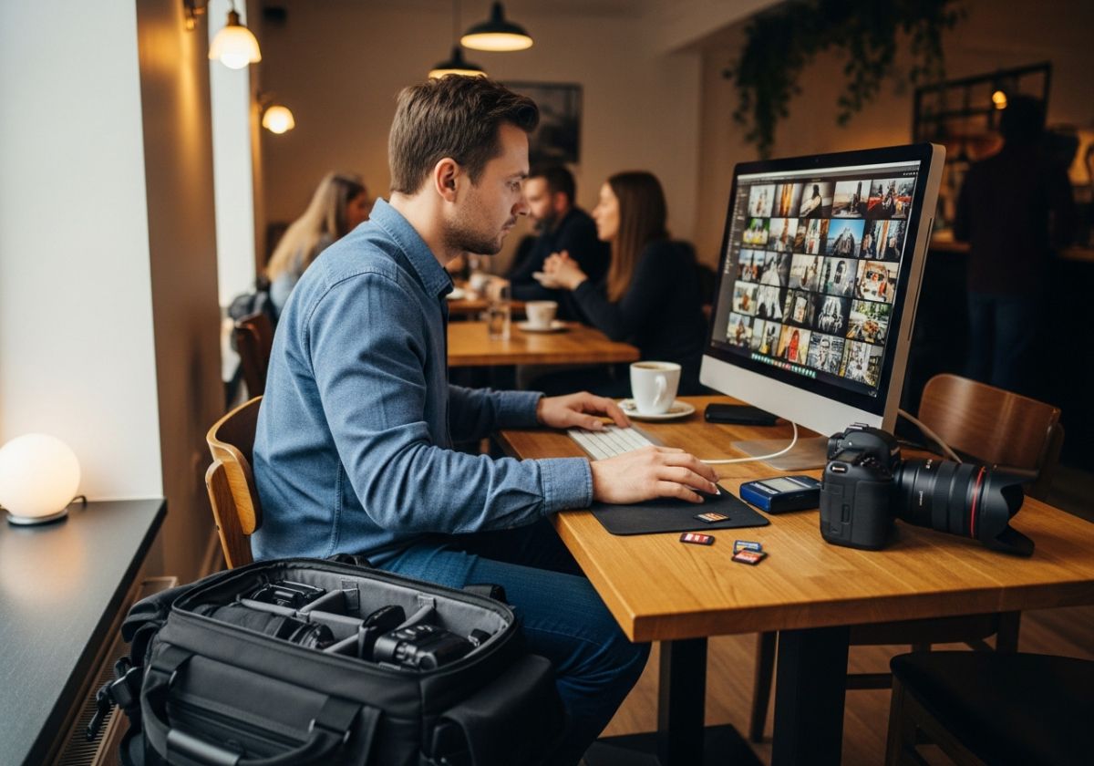 A photographer carefully reviewing images on a large monitor, focusing on details and making selections.