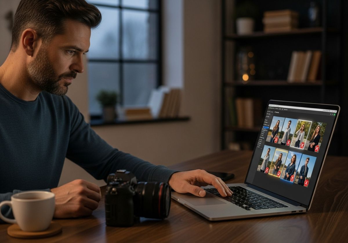 A photogrpaher sitting at their computer, carefully reviewing and selecting photos from a recent photoshoot. The screen shows a grid of images, some marked with rejection symbols, others highlighted.