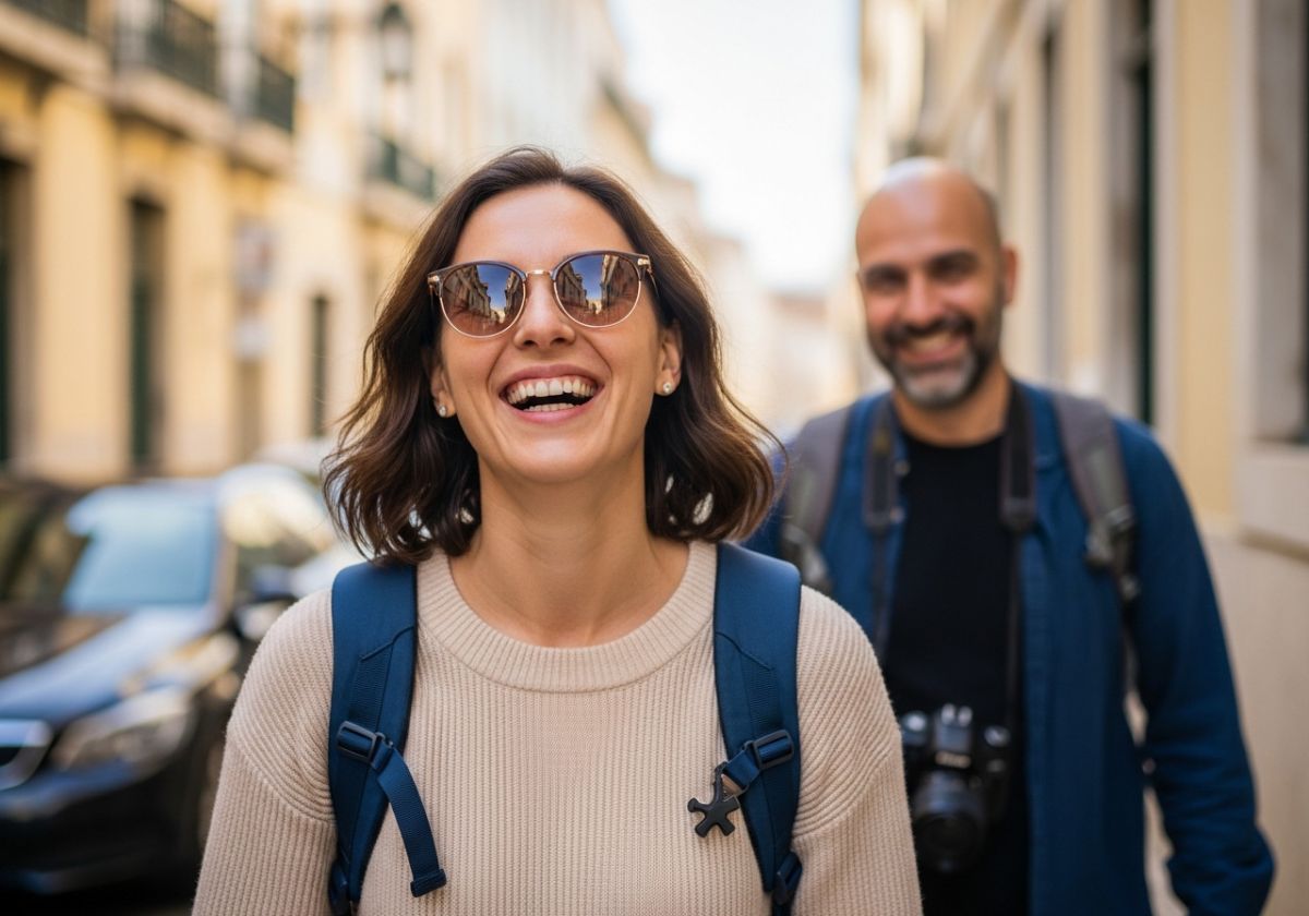 A medium shot of a female traveler laughing comfortably while walking down a Lisbon street, with the photographer (Dimas Frolov) slightly blurred in the background, smiling reassuringly. The background should be a charming Lisbon street scene.