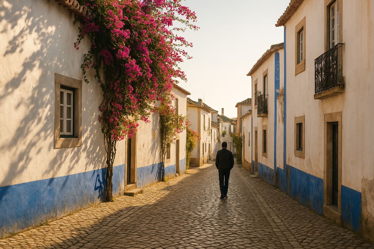 A candid full-length view of a woman walking calmly down a narrow, sunlit cobblestone lane flanked by whitewashed stone houses with cobalt blue lower borders and creeping pink bougainvillea, morning light creating soft diagonal shadows, no tourists in sig