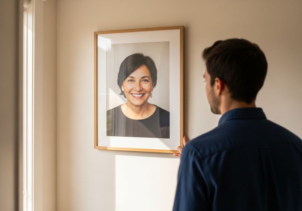 A person admiring a framed portrait hanging on a wall in their home. The portrait should be a beautiful and professionally taken image of the person.