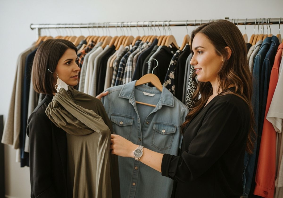 A person looking at a rack of clothing, thoughtfully considering different outfits for a portrait session. The clothing should be a mix of colors and styles.