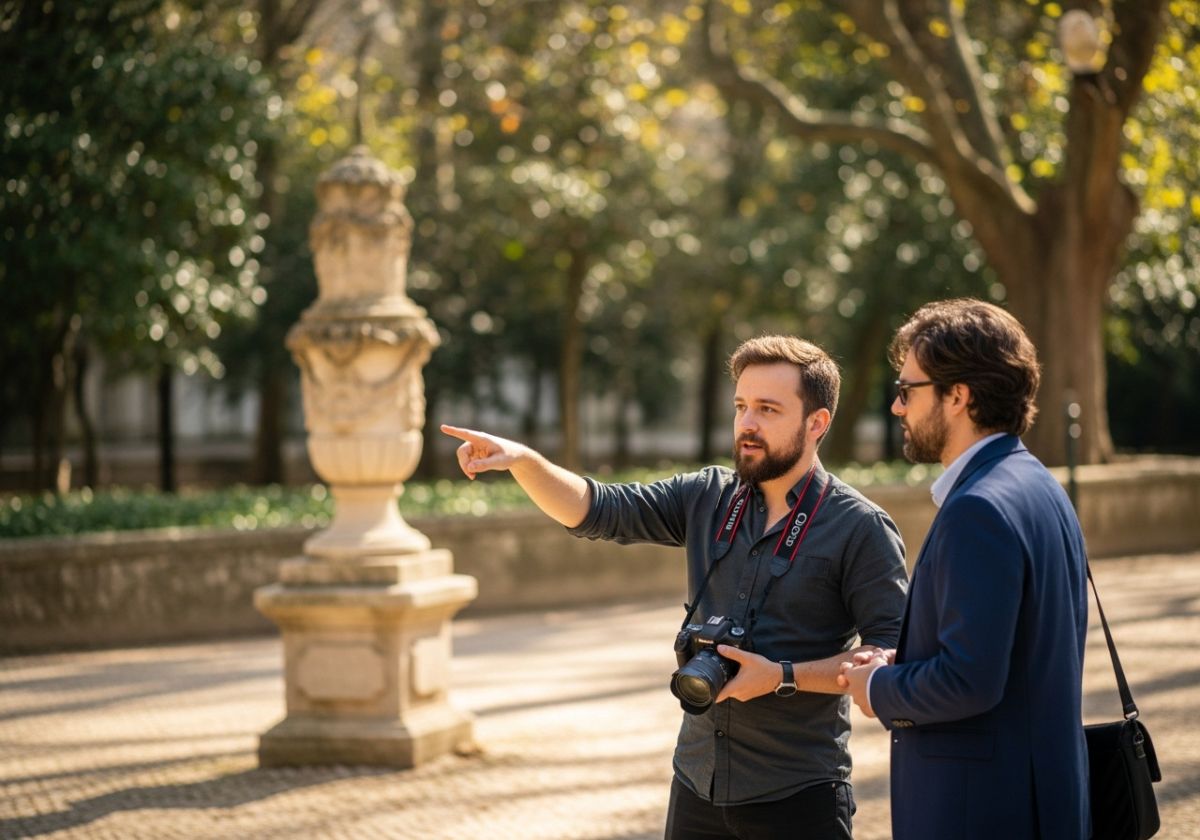 A photographer (Dimas Frolov) is talking to a client in a relaxed, outdoor setting. The photographer is gesturing towards a scene, and the client is listening attentively. The background is a park or garden in Lisbon.