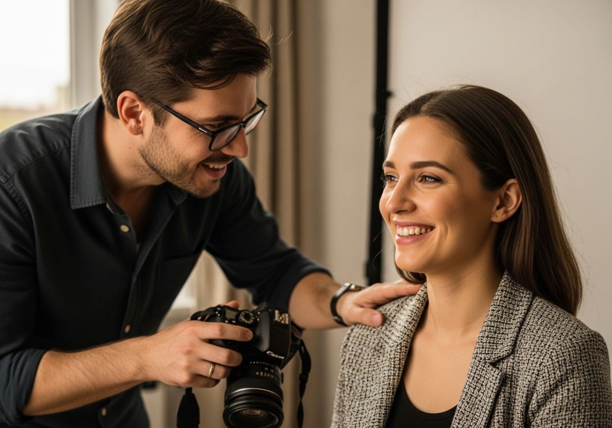 A photographer (Dimas Frolov) interacting with a client during a headshot session. The client is smiling and relaxed, and the photographer is giving gentle direction.