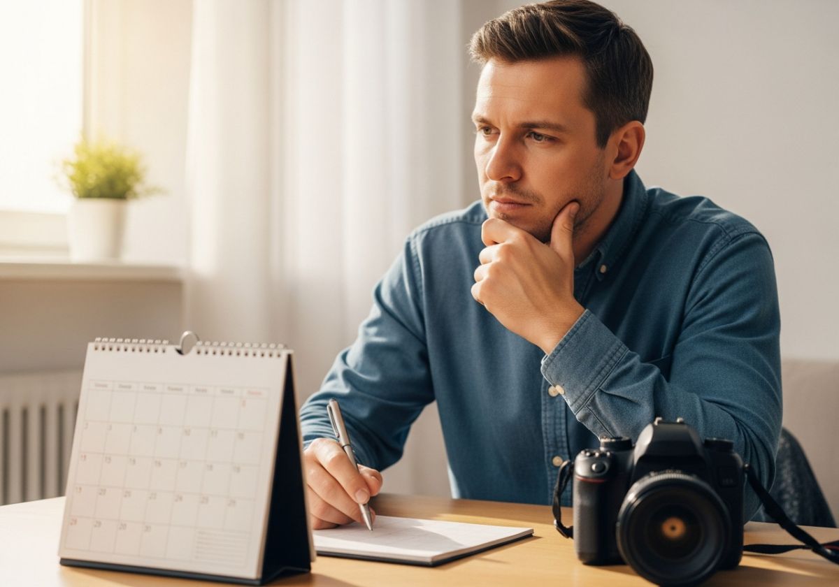 A photographer looking at their calendar with a thoughtful expression, perhaps with a pen in hand, as if they are scheduling or rescheduling a photoshoot.