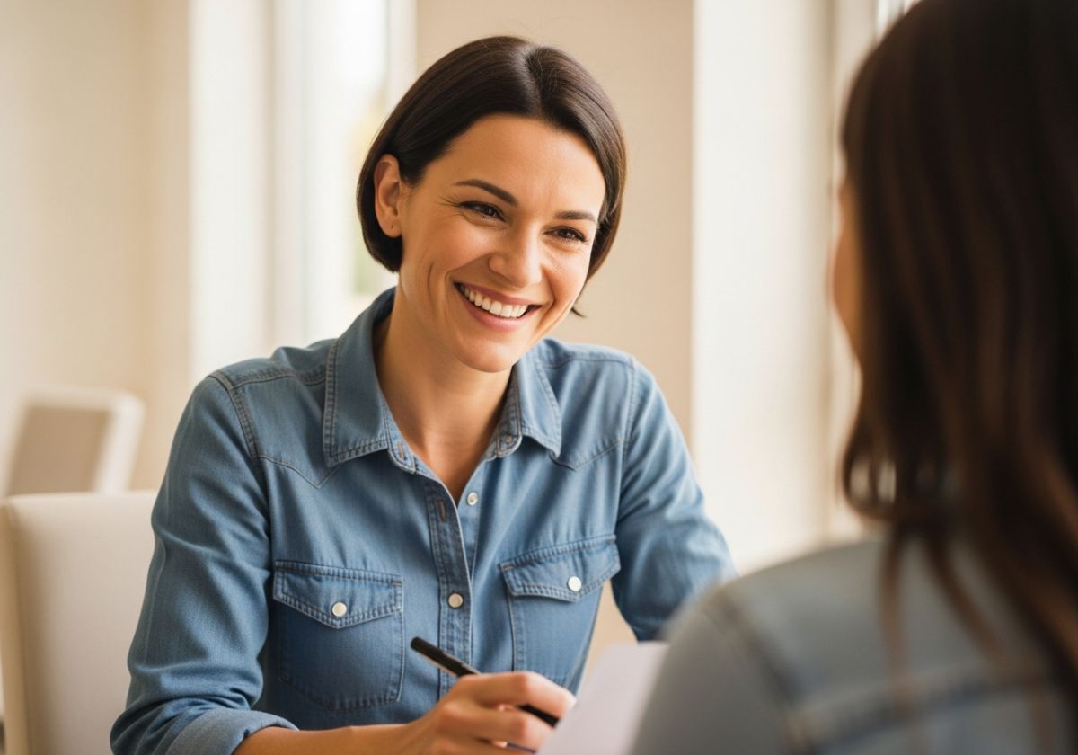 A photographer smiling warmly while talking to a client, possibly reviewing a contract or discussing rescheduling options in a relaxed setting.