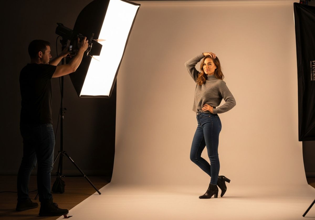 A portrait photography session in a studio. The photographer is adjusting a softbox light. The model is posing against a neutral backdrop, looking confident and relaxed.