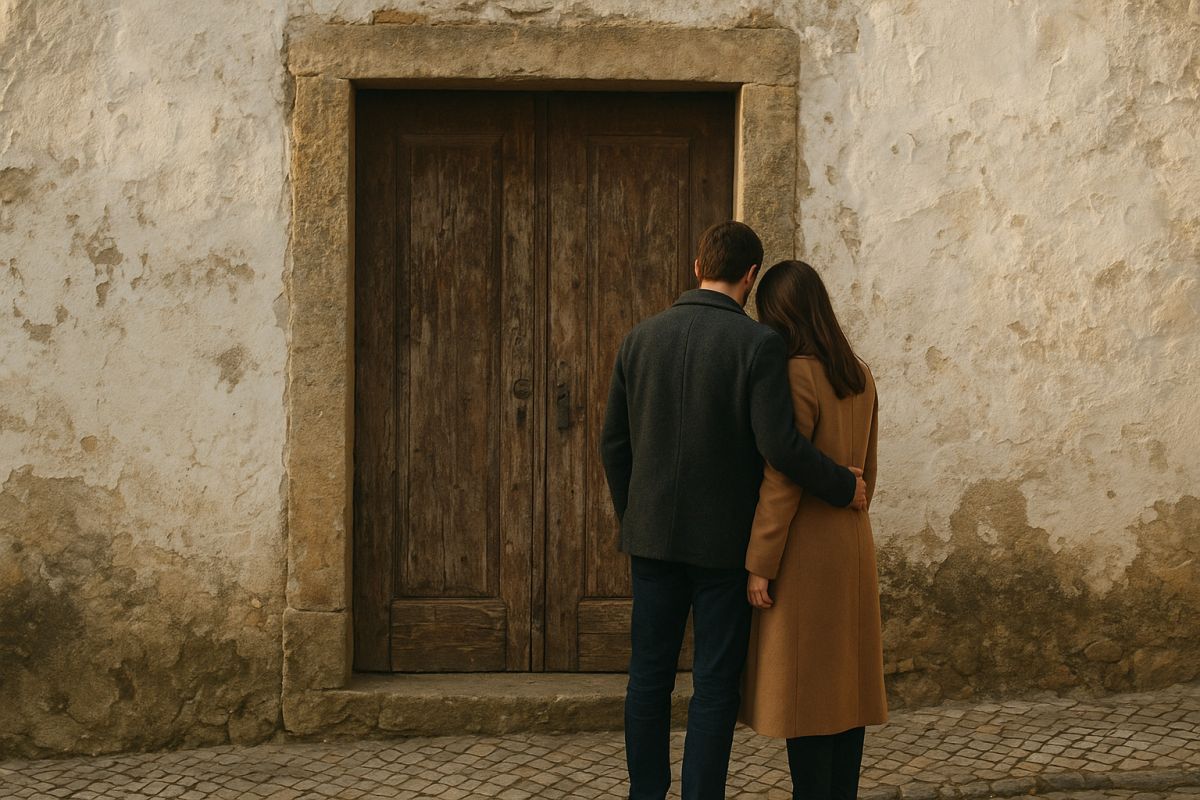 A close-up shot of a couple standing close together near a rustic wooden door set into an ancient textured stone wall, soft natural side lighting, relaxed and understated posture