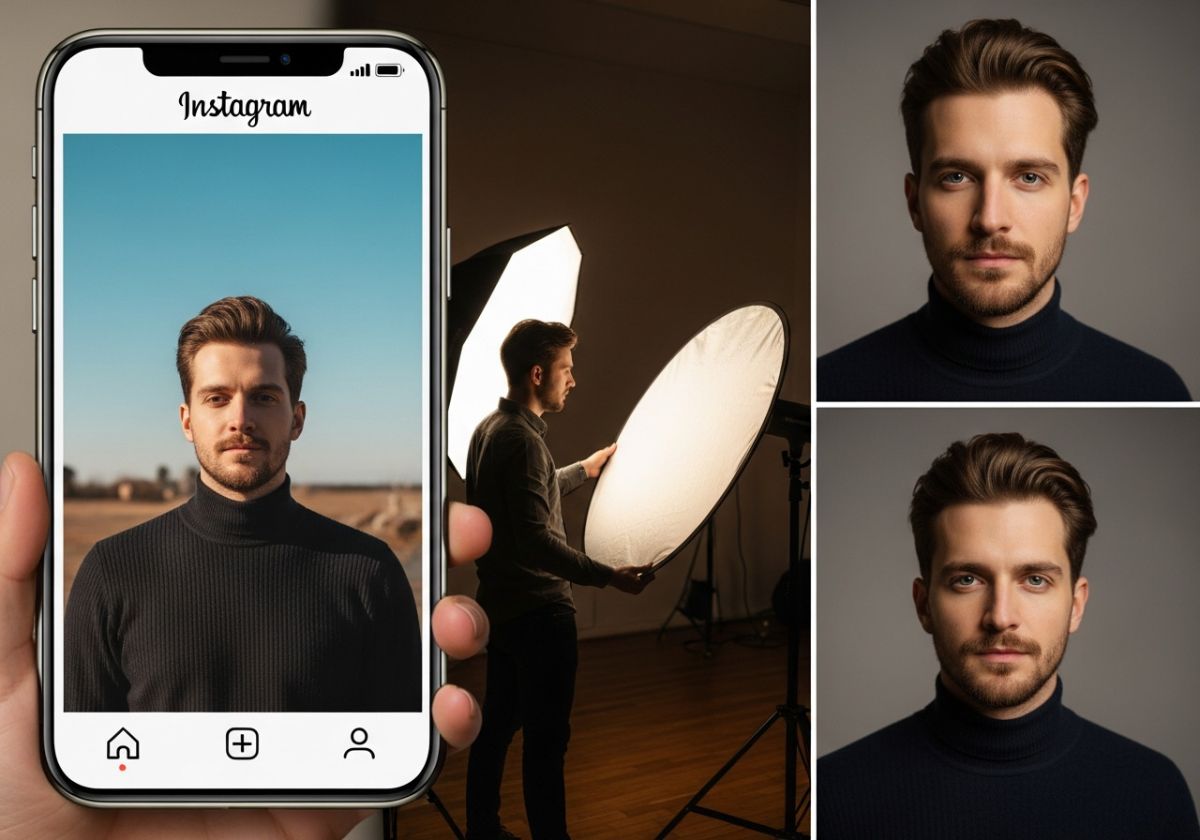 A series of three photos. The first is an Instagram photo with a specific aesthetic (e.g., desaturated colors and a vintage feel). The second is a behind-the-scenes shot of Dimas Frolov during a photoshoot, holding a reflector to manipulate the light. The