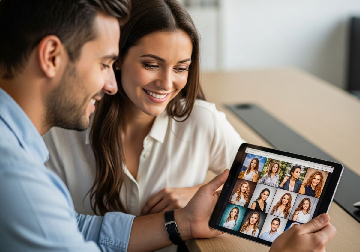 A shot of a photographer showing a client the final edited photos on a tablet. Both are smiling and appear pleased with the images.