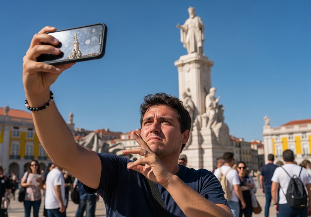 A slightly humorous photo of a person struggling to take a selfie in front of the some Portuguese statue. The person should look slightly frustrated, and the photo should highlight the difficulty of capturing the scale and beauty of the location in a self