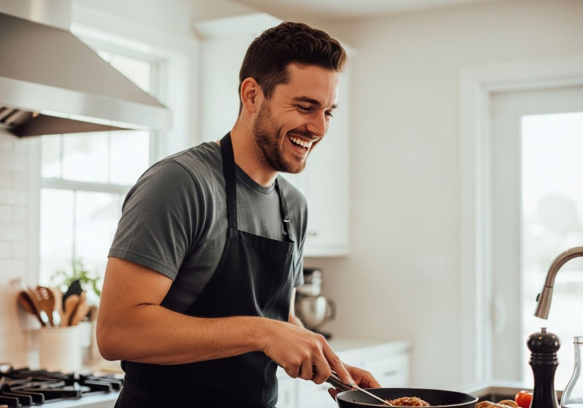 A smiling man in his late 20s is laughing while cooking in a bright, modern kitchen. He-s wearing a casual t-shirt and an apron. The photo has a warm, inviting feel.