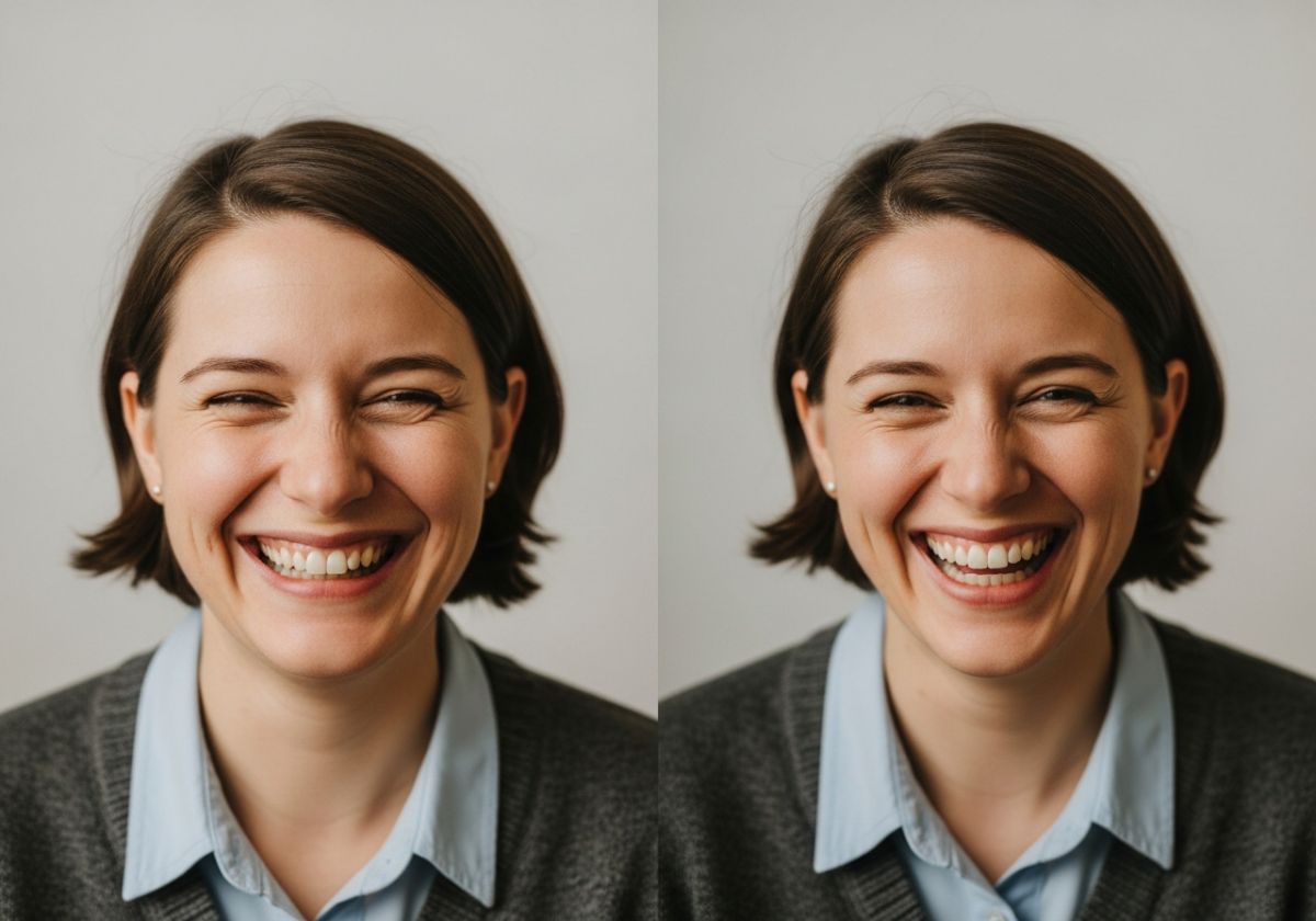 A split image. On the left, a person with a clearly forced, strained smile. On the right, the same person laughing genuinely, with relaxed eyes and a natural expression.