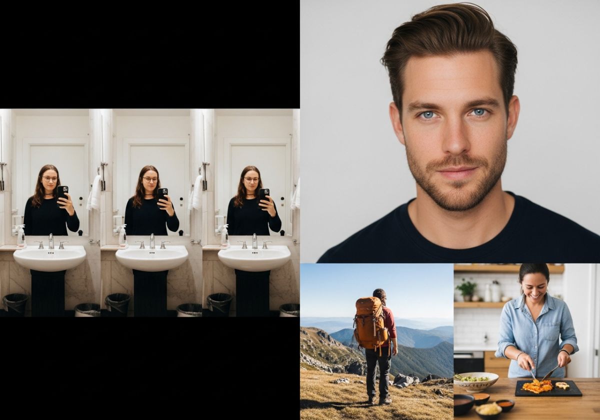 A split image. On one side, show three similar selfies taken in the same bathroom. On the other side, show three diverse photos: a headshot, a photo of someone hiking, and a photo of someone cooking.