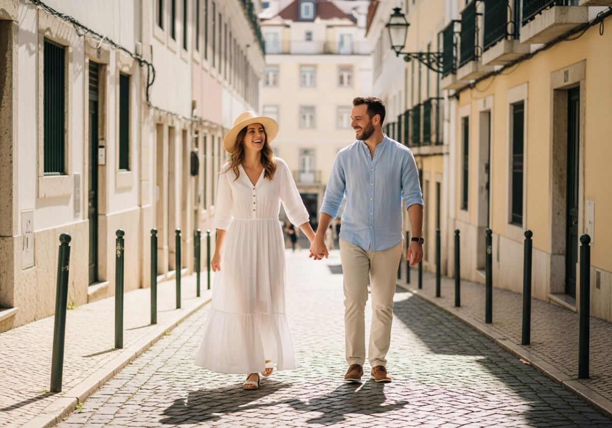 A sun-drenched photo of a couple in Lisbon. The woman is wearing a long, flowing white linen dress and a straw hat. The man is wearing a light blue linen shirt and beige chinos. They are laughing and holding hands, walking down a cobblestone street.