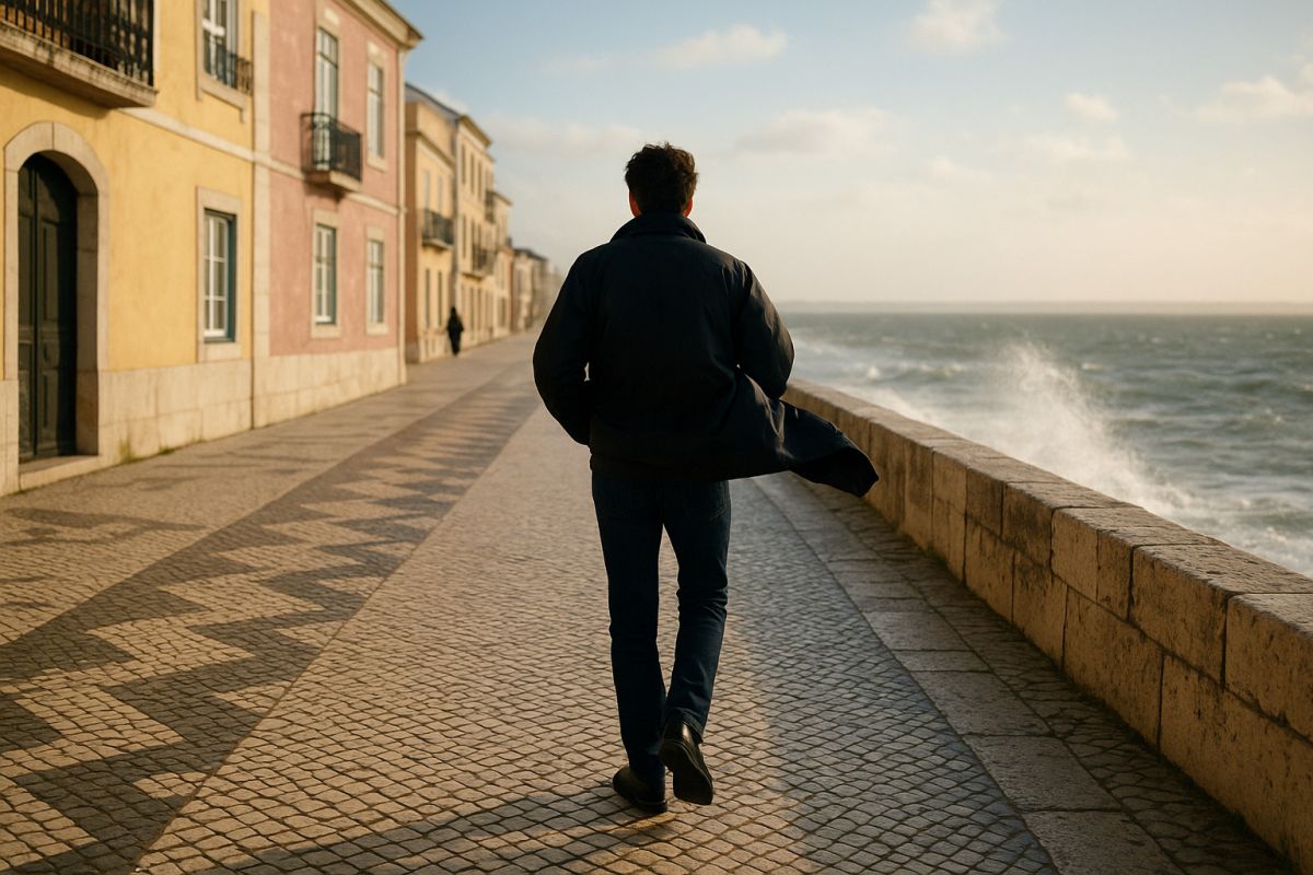 A solo person walking along a wide coastal promenade on a bright afternoon, wind lightly catching their jacket, ocean spray and wet stone in soft focus in the background, candid editorial travel aesthetic.