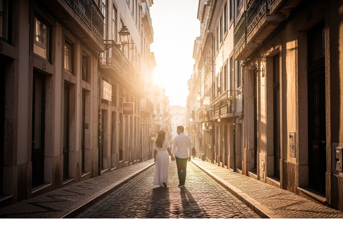 A wide shot of a couple walking hand-in-hand down a quiet, sun-drenched cobblestone street in Alfama at sunrise. The street is empty except for the couple, and the buildings are bathed in warm, golden light. Focus on the peaceful atmosphere.