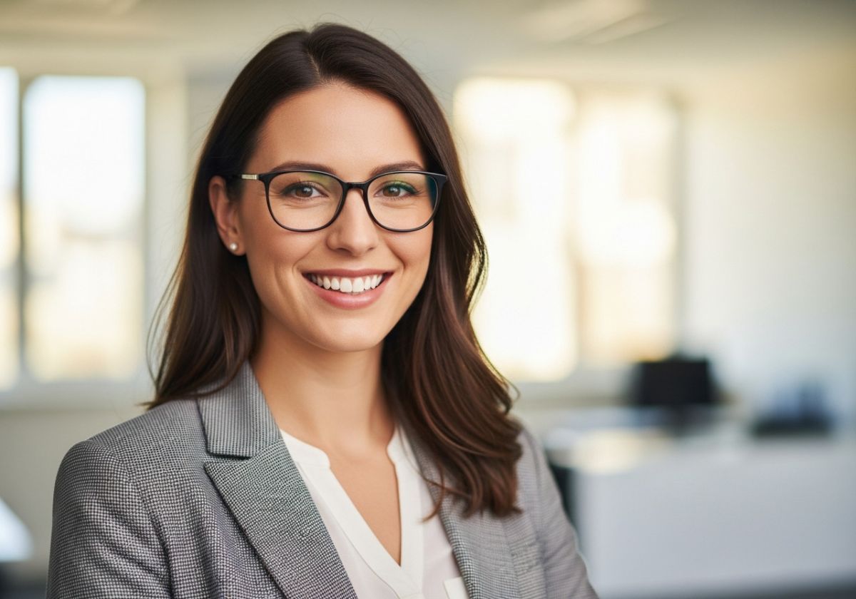 A woman in her early 30s is wearing a smart blazer and smiling confidently at the camera. The background is a blurred office setting. The lighting is even and flattering.