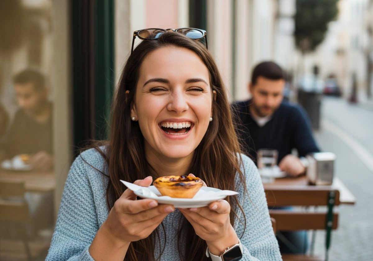 A woman laughing while trying a Pastel de Nata at a Lisbon cafe. The background is slightly blurred to keep the focus on her genuine expression.