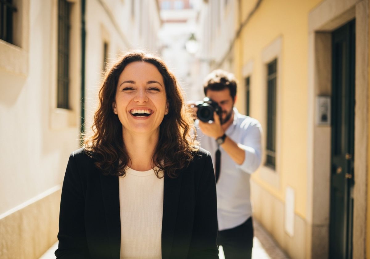 A woman laughing genuinely during a portrait session in a sun-drenched Lisbon alleyway. The photographer is visible in the background, offering gentle guidance.