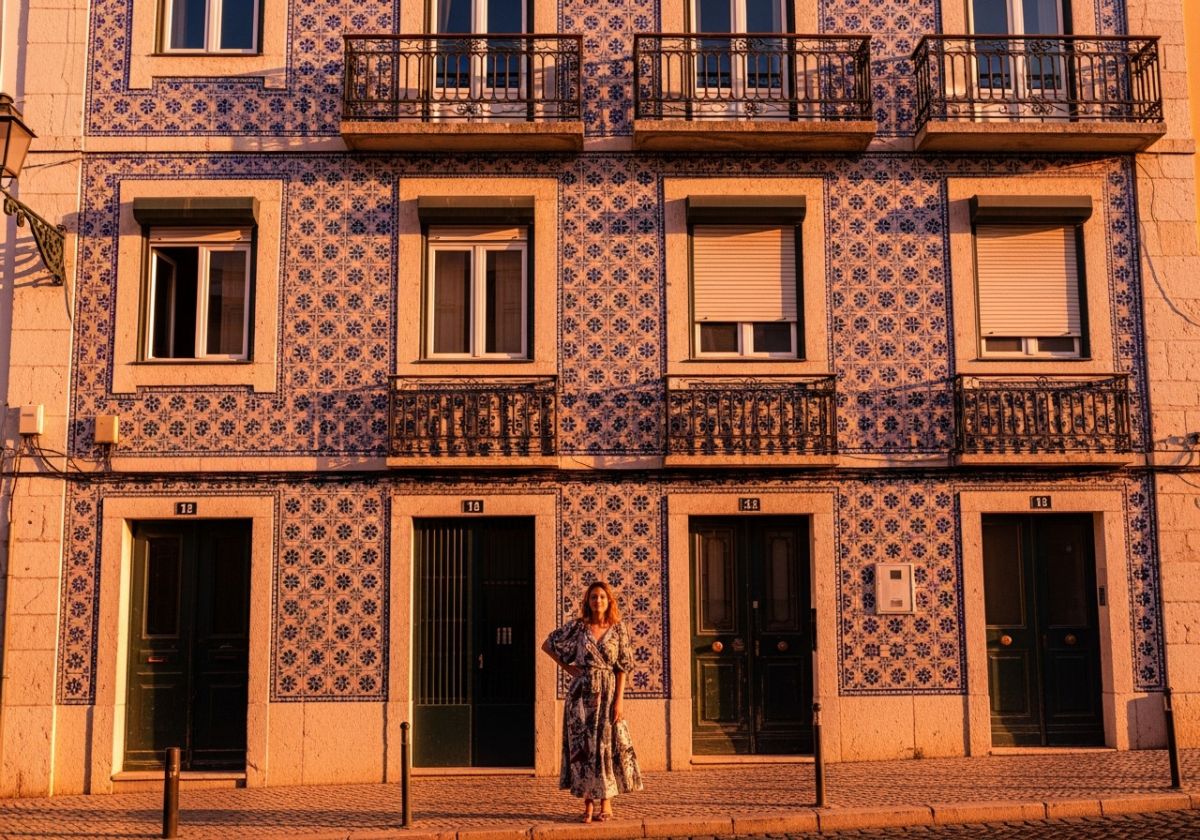 A woman standing in front of a vibrant, tiled building in Lisbon-s Alfama district, bathed in golden afternoon light. She is wearing a flowing dress and has a relaxed, confident expression.
