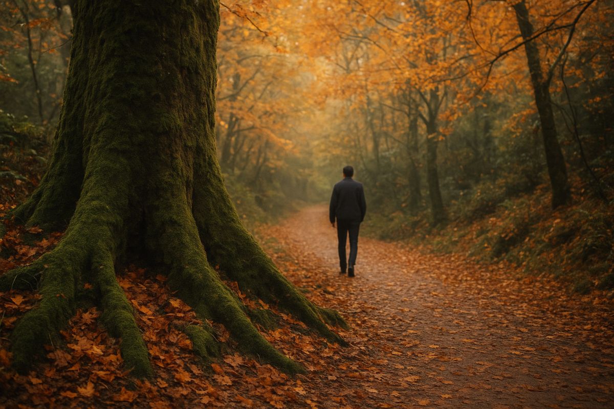 A close-up lifestyle portrait of a man wearing a charcoal textured wool sweater and dark trousers, standing naturally against an ancient moss-covered tree trunk with blurred autumn leaves in the background