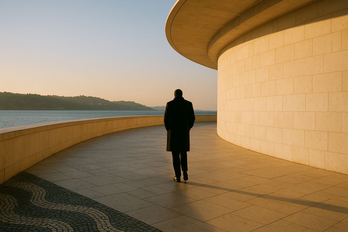 A candid medium shot of a person in a sharp dark overcoat mid-stride along an open white architectural terrace, hair caught lightly in the coastal wind, with soft neutral tones throughout the frame
