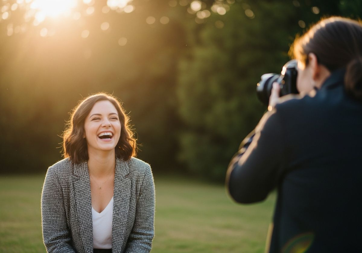 Candid shot of a person laughing genuinely during a portrait session. The photographer is visible in the background, capturing the moment.