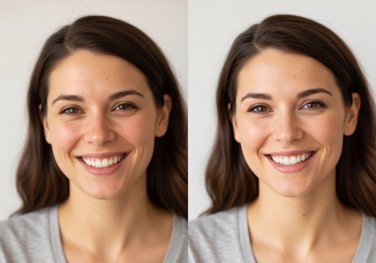 Close-up portrait of a woman smiling genuinely. On the left side of the image, show the original unretouched photo with minor blemishes and slight imperfections. On the right side, show the retouched version where the blemishes are subtly reduced, the ski