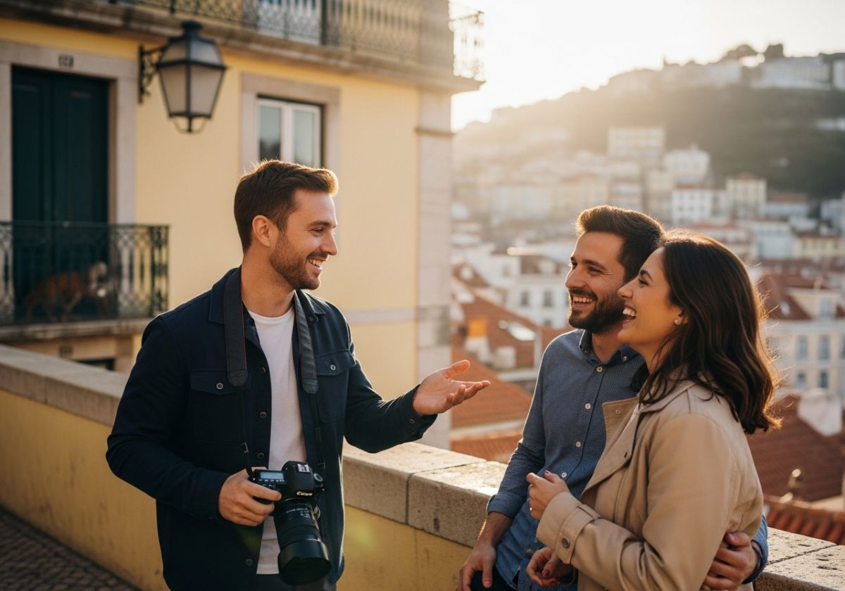 Close-up shot of the photographer (Dimas Frolov) interacting with a couple during a sunrise photoshoot in Alfama. He-s smiling and gesturing, giving them gentle direction. The couple is relaxed and laughing.