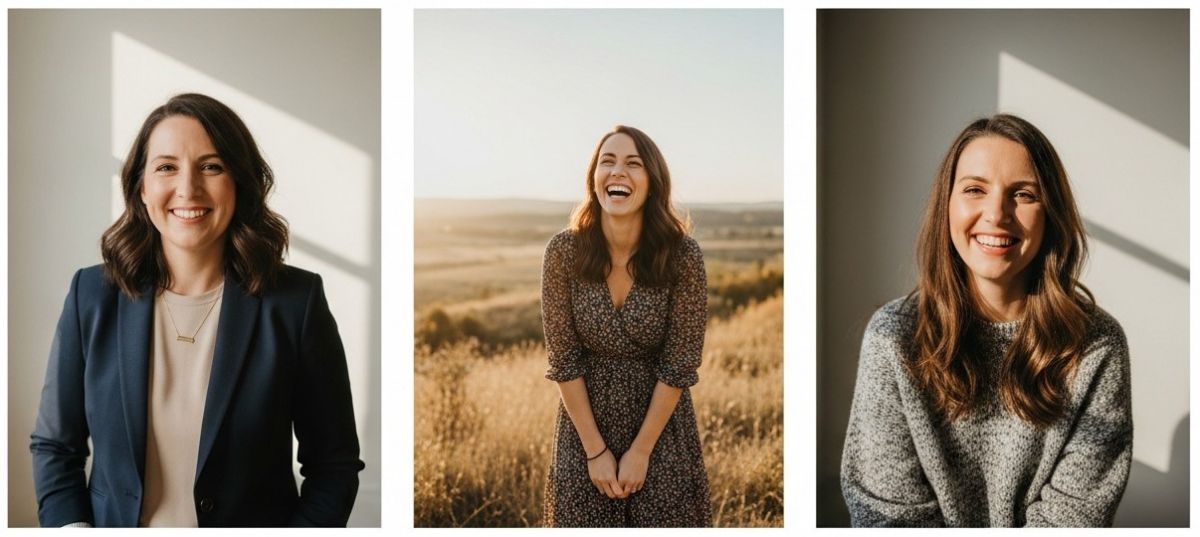 A collage of three photos. The first shows a woman in a well-fitting blazer and neutral top, smiling confidently. The second shows a woman in a flowy dress in a natural setting, laughing. The third shows a woman in a cozy sweater, looking relaxed and happ