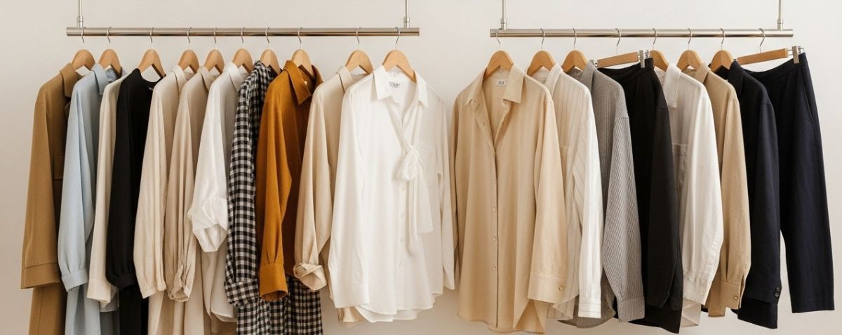 A collage of different outfit options suitable for a portrait photoshoot in Lisbon. Include examples of both casual and slightly more formal attire in neutral colors, with a few pops of color. Show the clothes hanging on hangers or neatly folded, not worn