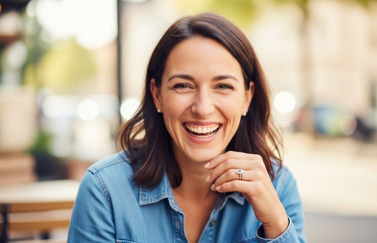 A woman in her late 30s or early 40s, laughing genuinely. She-s wearing comfortable, everyday clothes. The background is a slightly blurred, natural setting like a park or a cafe. The photo is well-lit but natural, without heavy retouching. Focus is on he