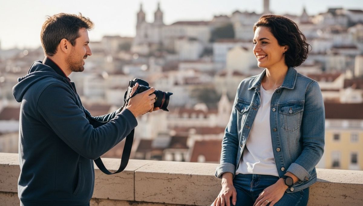 A photo of a photographer interacting with their client during a photoshoot. The photographer is demonstrating a pose, and the client is smiling and relaxed. The background is a scenic view of Lisbon.