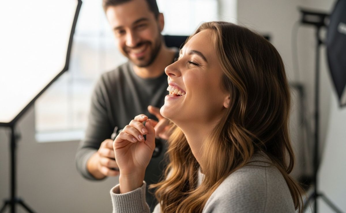 A behind-the-scenes shot of a female subject laughing comfortably during a portrait session, with the photographer (male) visible in the background, giving gentle direction with a smile. The lighting is soft and flattering.