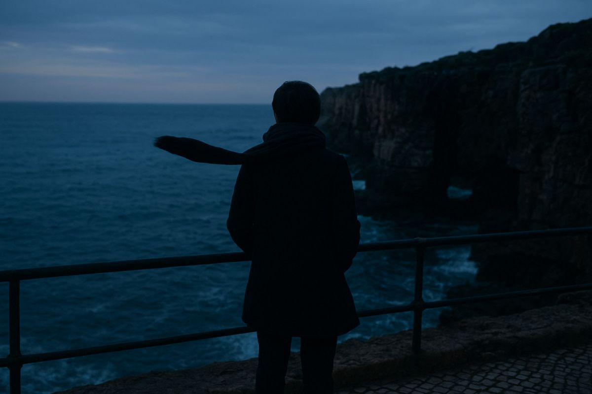 A candid, close-up lifestyle portrait of a person wrapped in a dark knit scarf at dusk, wind gently moving their hair, with the soft blurred blue ocean and coastal rock textures in the dark background