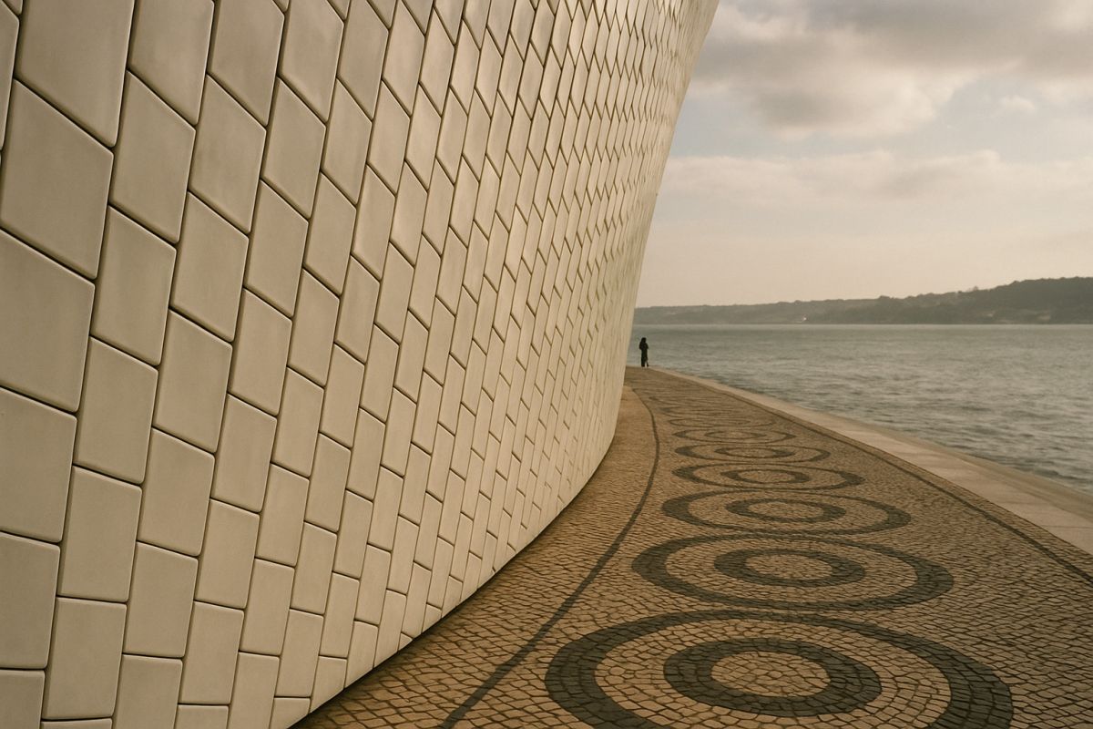 A side-profile portrait of a person standing near a curved white ceramic textured wall with gentle, diffused sunlight illuminating their facial features, soft focus on the geometric pattern of the tiles in the background