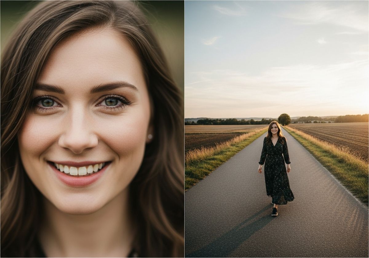 A close-up portrait of a woman in her late 20s, smiling genuinely at the camera. The focus is on her eyes and the subtle details of her expression. Soft, natural lighting.