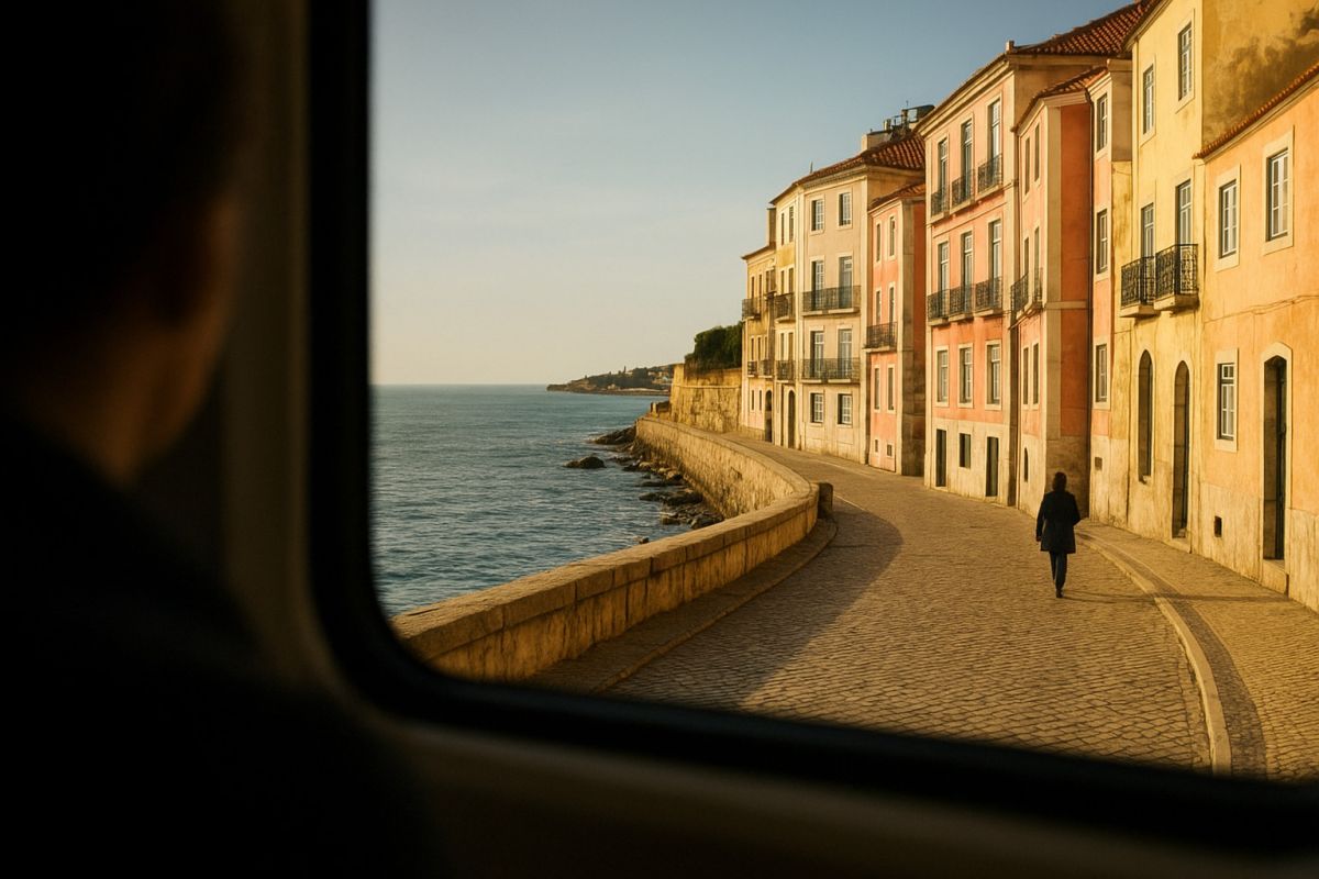 A candid medium shot of a solo traveler sitting by an open train window with soft natural coastal light illuminating their profile, looking out toward the sparkling Atlantic water, wearing a relaxed neutral linen shirt.